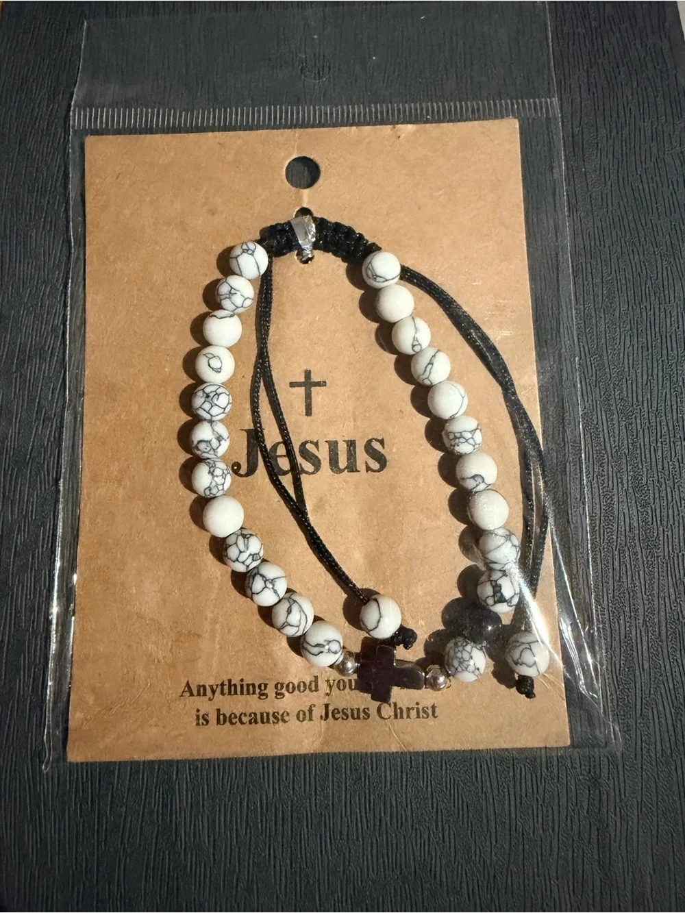 White Howlite Beaded Bracelet with Cross Accent - Unbranded